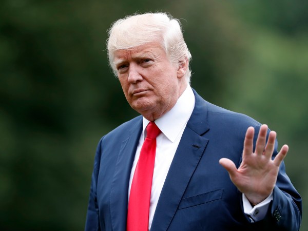 President Donald Trump as he arrives on the South Lawn of the White House, Monday, Aug. 14, 2017, in Washington. Trump is returning from a vacation to Bedminster, N.J. (AP Photo/Alex Brandon)