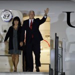 U.S. Vice President Mike Pence and his wife Karen Pence arrive in Buenos Aires, Argentina, Monday, Aug. 14, 2017. Pence will be in Argentina for a official visit until Wednesday, when he will be heading  Santiago, Chile. (AP Photo/Natacha Pisarenko)