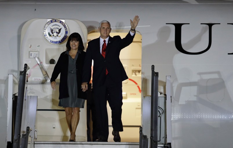 U.S. Vice President Mike Pence and his wife Karen Pence arrive in Buenos Aires, Argentina, Monday, Aug. 14, 2017. Pence will be in Argentina for a official visit until Wednesday, when he will be heading  Santiago, Chile. (AP Photo/Natacha Pisarenko)