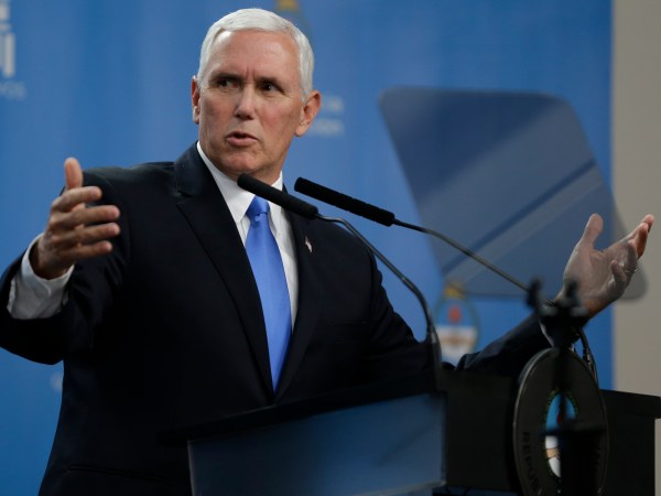 U.S. Vice President Mike Pence talks during a press conference at the government residence in Buenos Aires, Argentina, Tuesday, Aug. 15, 2017. Pence is on a official visit to Argentina until Wednesday, when he will be heading Chile, on a week-long visit to Latin America. (AP Photo/Natacha Pisarenko)