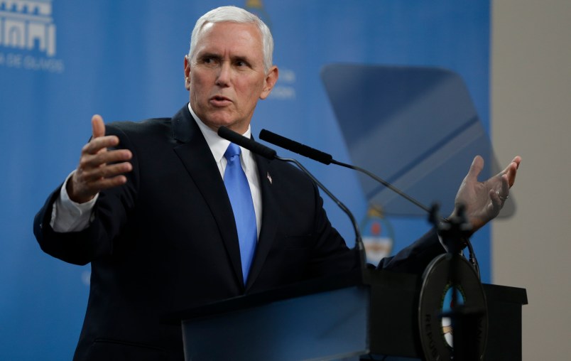 U.S. Vice President Mike Pence talks during a press conference at the government residence in Buenos Aires, Argentina, Tuesday, Aug. 15, 2017. Pence is on a official visit to Argentina until Wednesday, when he will be heading Chile, on a week-long visit to Latin America. (AP Photo/Natacha Pisarenko)
