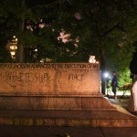The empty pedestal of the Jackson Lee Monument in Wyman Park is seen before dawn after workers took four Confederate monuments overnight in the city. (Jerry Jackson/Baltimore Sun)