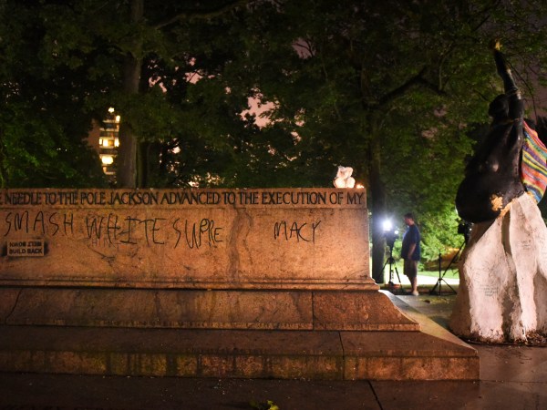 The empty pedestal of the Jackson Lee Monument in Wyman Park is seen before dawn after workers took four Confederate monuments overnight in the city. (Jerry Jackson/Baltimore Sun)