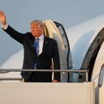 President Donald Trump first lady Melania Trump and son Barron Trump board Air Force One at Morristown Municipal Airport, Sunday, Aug. 20, 2017 in Morristown, N.J., for the return flight to Washington. (AP Photo/Pablo Martinez Monsivais)