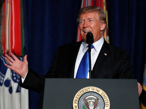 President Donald Trump speaks at Fort Myer in Arlington Va., Monday, Aug. 21, 2017, during a Presidential Address to the Nation about a strategy he believes will best position the U.S. to eventually declare victory in Afghanistan. (AP Photo/Carolyn Kaster)