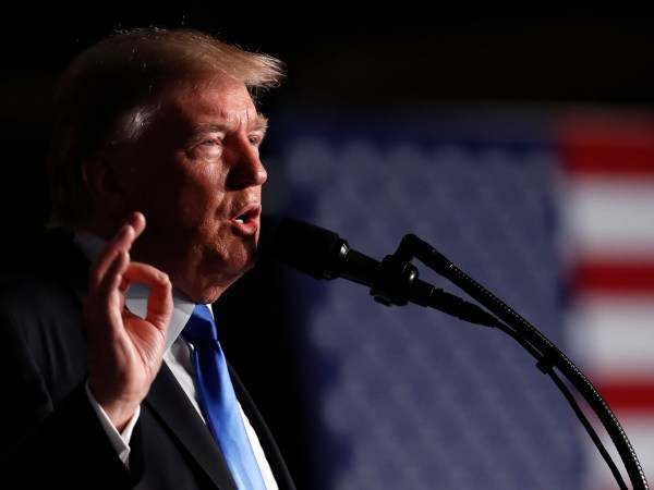 President Donald Trump speaks at Fort Myer in Arlington Va., Monday, Aug. 21, 2017, during a Presidential Address to the Nation about a strategy he believes will best position the U.S. to eventually declare victory in Afghanistan. (AP Photo/Carolyn Kaster)