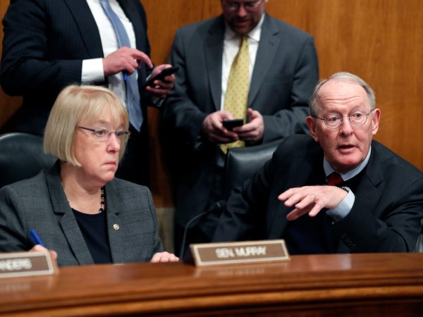Senate Health, Education, Labor, and Pensions Committee Chairman Sen. Lamar Alexander, R-Tenn., accompanied by the committee's ranking member Sen. Patty Murray, D-Wash. speaks on Capitol Hill in Washington, Tuesday, Jan. 31, 2107, during the committee's executive session to discuss the nomination of Education Secretary-designate Betsy DeVos.  (AP Photo/Alex Brandon)