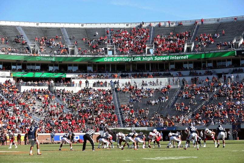 Empty seats at Scott Stadium during the second half of an NCAA college football game on Saturday, Oct. 29, 2016 in Charlottesville, Va. Louisville defeated Virginia 32-25. (AP Photo/Ryan M. Kelly)