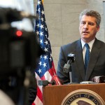 U.S Attorney Tim Heaphy talks about human trafficking in the area after the sentencing of Elin Coello-Ordonez, who smuggled an 18-year-old Honduras woman into the country and forced her to work as a prostitute in brothels in Harrisonburg, Charlottesville, Maryland and Pennsylvania, Wednesday, Oct. 15, 2014 in Harrisonburg, Va. (AP Photo/Daily News-Record, Nikki Fox)