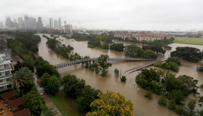An overhead view of the flooding in Houston, from Buffalo Bayou on Memorial Drive and Allen Parkway, as heavy rains continue falling from Tropical Storm Harvey, Monday, Aug. 28, 2017. Houston was still largely paralyzed Monday, and there was no relief in sight from the storm that spun into Texas as a Category 4 hurricane, then parked itself over the Gulf Coast. (Karen Warren/Houston Chronicle via AP)
