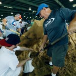 Bill Willis, right, and his son, Kyle, join other volunteers to fill sandbags for resident distributions, Tuesday, Aug. 29, 2017, at the Burton Coliseum in Lake Charles, La. (AP Photo/Rogelio V. Solis)
