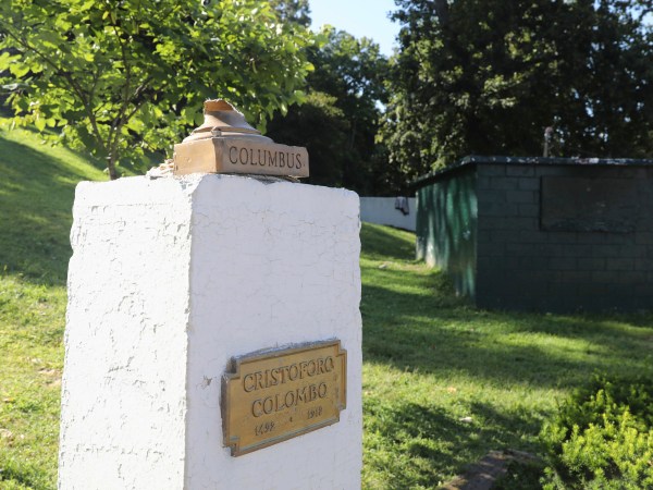 In this Aug. 30, 2017 photo, the base of the bust of Christopher Columbus remains on top of its pedestal at Columbus Park in Yonkers, N.Y., after the statue was attacked by vandals. Although it is unclear whether the vandalism is related to the recent controversy, activists in New York and elsewhere have targeted Columbus statues. (Mark Vergari/The Journal News via AP)