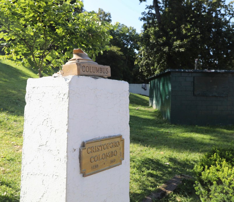 In this Aug. 30, 2017 photo, the base of the bust of Christopher Columbus remains on top of its pedestal at Columbus Park in Yonkers, N.Y., after the statue was attacked by vandals. Although it is unclear whether the vandalism is related to the recent controversy, activists in New York and elsewhere have targeted Columbus statues. (Mark Vergari/The Journal News via AP)