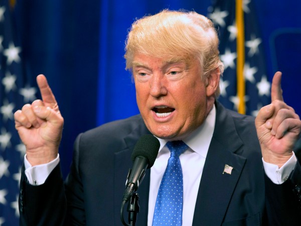 Republican presidential candidate Donald Trump speaks during a campaign stop at Saint Anselm College Monday, June 13, 2016, in Manchester, N.H. (AP Photo/Jim Cole)