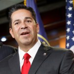 Rep. Ben Ray Lujan, D-N.M., center, thanks House Minority Leader Nancy Pelosi, D-Calif., right, after she announced he will take over as head of the Democratic Congressional Campaign Committee from Rep. Steve Israel, D-N.Y., left, during a news conference at the Capitol in Washington, Monday, Nov. 17, 2014.