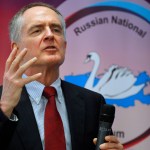 U.S. writer Jared Taylor, author of the book "White Identity" speaks during the International Russian Conservative Forum in St.Petersburg, Russia, Sunday, March 22, 2015. Nationalist supporters of Russian President Vladimir Putin brought together controversial far-right politicians from across Europe on Sunday in an effort to demonstrate international support for Russia and weaken European Union commitment to sanctions imposed on Russia over its role in Ukraine. (AP Photo/Dmitry Lovetsky)