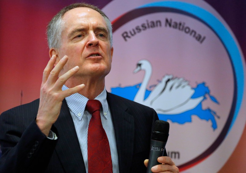 U.S. writer Jared Taylor, author of the book "White Identity" speaks during the International Russian Conservative Forum in St.Petersburg, Russia, Sunday, March 22, 2015. Nationalist supporters of Russian President Vladimir Putin brought together controversial far-right politicians from across Europe on Sunday in an effort to demonstrate international support for Russia and weaken European Union commitment to sanctions imposed on Russia over its role in Ukraine. (AP Photo/Dmitry Lovetsky)