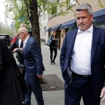 In this April 24, 2017 photo, Fox News co-president Bill Shine, right, leaves a New York restaurant with Rupert Murdoch, second from right, the executive chairman of 21st Century Fox. The turmoil at Fox News Channel has claimed another victim. The network said Monday, May 1, that Shine, a longtime lieutenant of ousted Fox News CEO Roger Ailes, is out. (AP Photo/Mark Lennihan)
