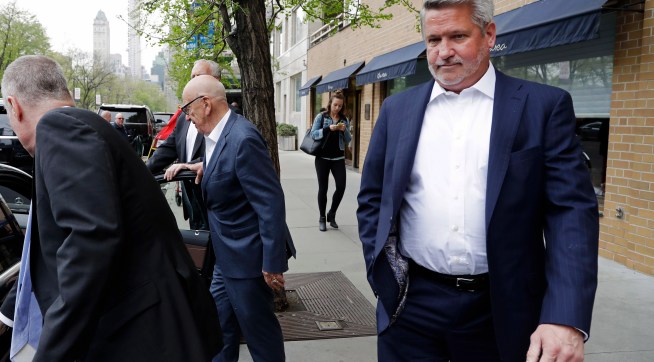 In this April 24, 2017 photo, Fox News co-president Bill Shine, right, leaves a New York restaurant with Rupert Murdoch, second from right, the executive chairman of 21st Century Fox. The turmoil at Fox News Channel has claimed another victim. The network said Monday, May 1, that Shine, a longtime lieutenant of ousted Fox News CEO Roger Ailes, is out. (AP Photo/Mark Lennihan)