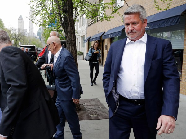In this April 24, 2017 photo, Fox News co-president Bill Shine, right, leaves a New York restaurant with Rupert Murdoch, second from right, the executive chairman of 21st Century Fox. The turmoil at Fox News Channel has claimed another victim. The network said Monday, May 1, that Shine, a longtime lieutenant of ousted Fox News CEO Roger Ailes, is out. (AP Photo/Mark Lennihan)