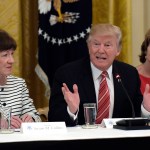 President Donald Trump, center, speaks as he meets with Republican senators on health care in the East Room of the White House in Washington, Tuesday, June 27, 2017. Sen. Susan Collins, R-Maine, left, and Sen. Lisa Murkowski, R-Alaska, right, listen (AP Photo/Susan Walsh)