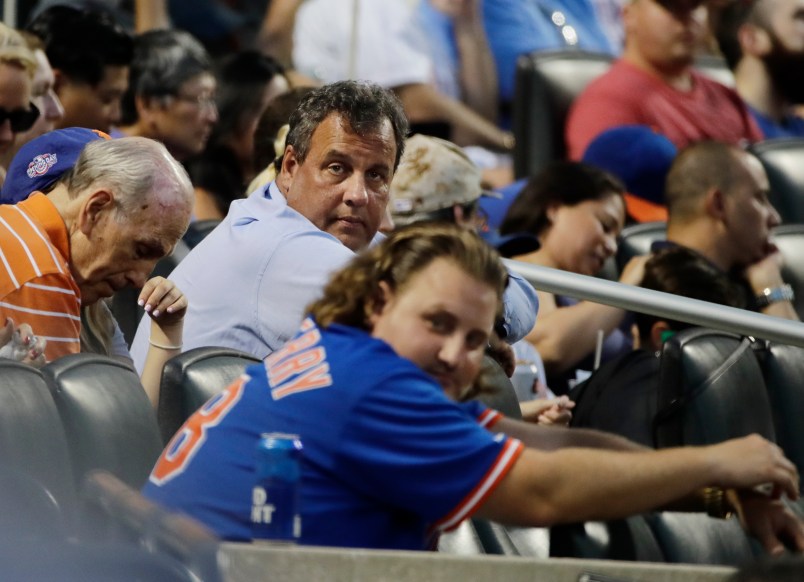 New Jersey Gov. Chris Christie watches during the fourth inning of a baseball game between the New York Mets and the St. Louis Cardinals at Citi Field Tuesday, July 18, 2017, in New York. (AP Photo/Frank Franklin II)