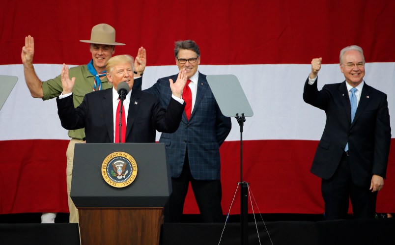 President Trump, front left, gestures as former boys scouts, Ryan Zinke, left, Secretary of Interior, Rick Perry, Secretary of Energy,  center, and Tom Price Secretary of Health and Human Services, right,  at the 2017 National Boy Scout Jamboree at the Summit in Glen Jean,W. Va., Monday, July 24, 2017.  (AP Photo/Steve Helber)