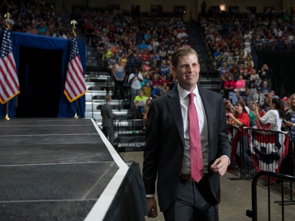 Eric Trump, the son of President Donald Trump, arrives for  a Make America Great Again rally, Tuesday, July 25, 2017, at the Covelli Centre in Youngstown, Ohio (AP Photo/Carolyn Kaster)