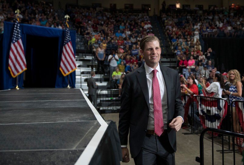 Eric Trump, the son of President Donald Trump, arrives for  a Make America Great Again rally, Tuesday, July 25, 2017, at the Covelli Centre in Youngstown, Ohio (AP Photo/Carolyn Kaster)