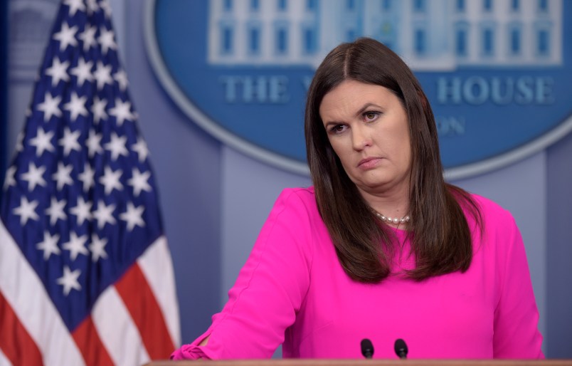 White House press secretary Sarah Huckabee Sanders listens to a reporters question during the daily briefing at the White House in Washington, Monday, July 31, 2017. Sanders was asked about President Donald Trump's decision to remove Anthony Scaramucci from his position as communications director after 11 days and other topics. (AP Photo/Susan Walsh)