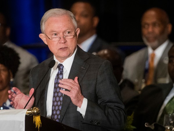 Attorney General Jeff Sessions addresses the National Organization of Black Law Enforcement Executives during a    conference, Tuesday, August 1, 2017, in Atlanta. President Trump recently used a speech before law enforcement to encourage them to be "rough" on suspects. (John Amis/Special)