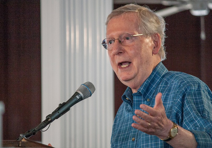 FANCY FARM, Ky. – U.S. Senate Majority Leader Mitch McConnell speaks Saturday, August 5 at the 137th annual Fancy Farm picnic in Graves County, Ky.(Photo by KAT RUSSELL, The Paducah Sun, Paducah, Ky.)