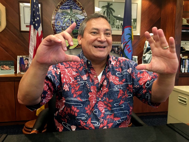 Governor Eddie Baza Calvo of Guam speaks to the media in his office in Adelup, Guam on Friday morning, August 11, 2017. The small U.S. territory of Guam has become a focal point after North Korea's army threatened to use ballistic missiles to create an "enveloping fire" around the island. The exclamation came after President Donald Trump warned Pyongyang of "fire and fury like the world has never seen." (AP Photo/Tassanee Vejpongsa)