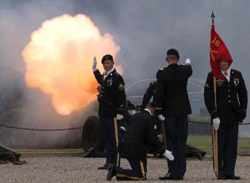 U.S. soldiers fire a salute during a change of command and change of responsibility ceremony for Deputy Commander of the South Korea-U.S. Combined Force Command at Yongsan Garrison, a U.S. military base, in Seoul, South Korea, Friday, Aug. 11, 2017. (AP Photo/Lee Jin-man)
