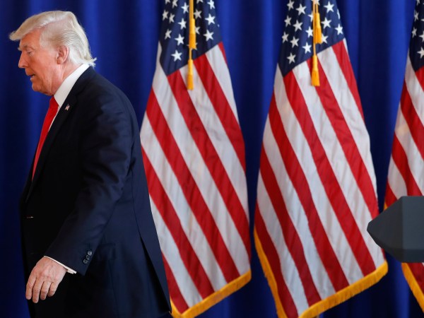 President Donald Trump walks away after commenting the on going situation in Charlottesville, Va., Saturday, Aug. 12, 2017 at Trump National Golf Club in Bedminster, N.J. (AP Photo/Pablo Martinez Monsivais)