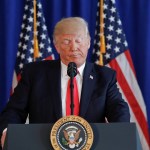 President Donald Trump pauses as he speaks to members of the media regarding the on going situation in Charlottesville, Va., Saturday, Aug. 12, 2017 at Trump National Golf Club in Bedminister, N.J. (AP Photo/Pablo Martinez Monsivais)