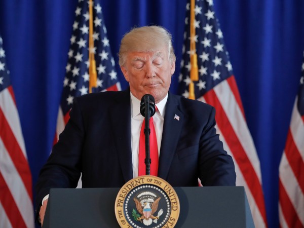 President Donald Trump pauses as he speaks to members of the media regarding the on going situation in Charlottesville, Va., Saturday, Aug. 12, 2017 at Trump National Golf Club in Bedminister, N.J. (AP Photo/Pablo Martinez Monsivais)