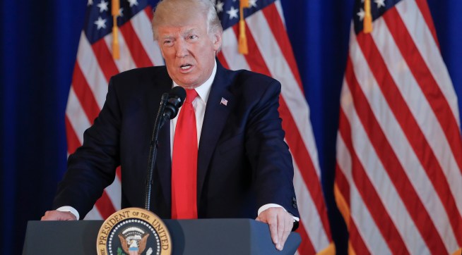 President Donald Trump speak to members of the media regarding the on going situation in Charlottesville, Va., Saturday, Aug. 12, 2017 at Trump National Golf Club in Bedminister, N.J. (AP Photo/Pablo Martinez Monsivais)