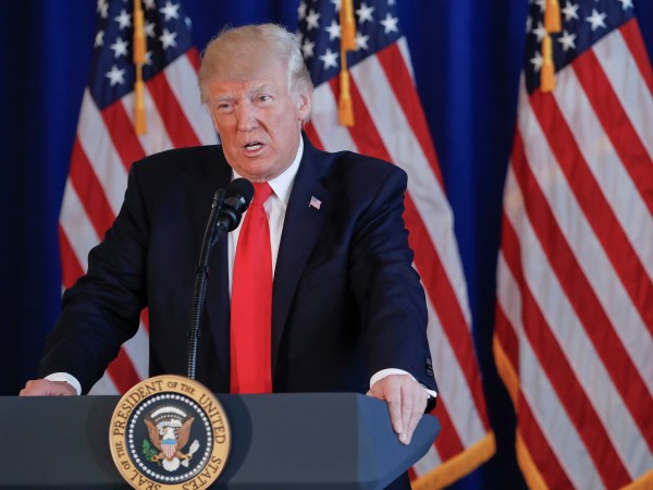 President Donald Trump speak to members of the media regarding the on going situation in Charlottesville, Va., Saturday, Aug. 12, 2017 at Trump National Golf Club in Bedminister, N.J. (AP Photo/Pablo Martinez Monsivais)