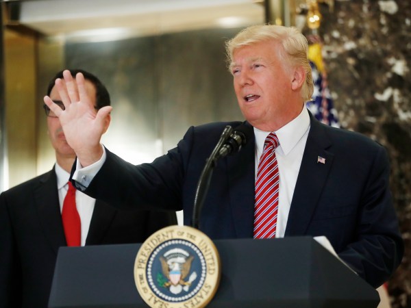 President Donald Trump speaks to the media in the lobby of Trump Tower, Tuesday, Aug. 15, 2017.  (AP Photo/Pablo Martinez Monsivais)