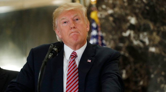 President Donald Trump speaks to the media in the lobby of Trump Tower, Tuesday, Aug. 15, 2017.  (AP Photo/Pablo Martinez Monsivais)