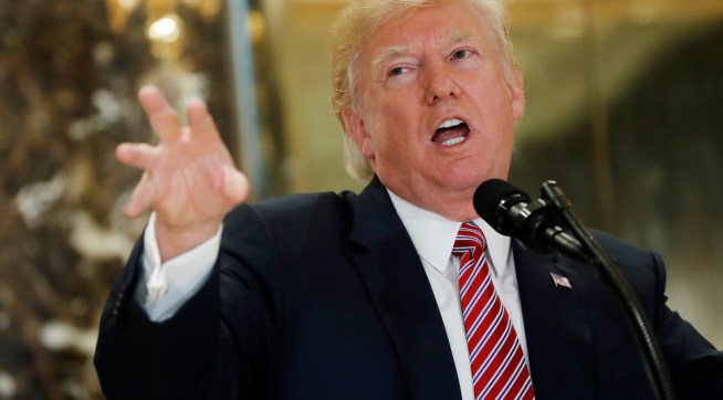 President Donald Trump speaks to the media in the lobby of Trump Tower, Tuesday, Aug. 15, 2017.  (AP Photo/Pablo Martinez Monsivais)