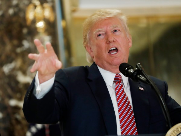 President Donald Trump speaks to the media in the lobby of Trump Tower, Tuesday, Aug. 15, 2017.  (AP Photo/Pablo Martinez Monsivais)