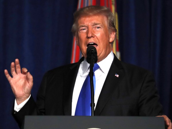President Donald Trump speaks at Fort Myer in Arlington Va., Monday, Aug. 21, 2017, during a Presidential Address to the Nation about a strategy he believes will best position the U.S. to eventually declare victory in Afghanistan. (AP Photo/Carolyn Kaster)