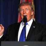 President Donald Trump speaks at Fort Myer in Arlington Va., Monday, Aug. 21, 2017, during a Presidential Address to the Nation about a strategy he believes will best position the U.S. to eventually declare victory in Afghanistan. (AP Photo/Carolyn Kaster)