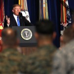 President Donald Trump speaks at Fort Myer in Arlington Va., Monday, Aug. 21, 2017, during a Presidential Address to the Nation about a strategy he believes will best position the U.S. to eventually declare victory in Afghanistan. (AP Photo/Carolyn Kaster)