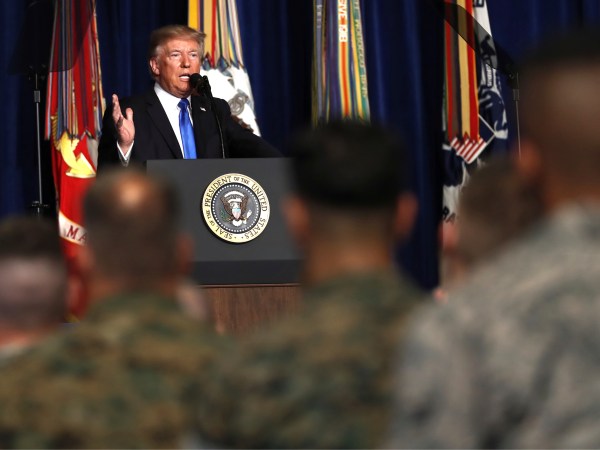 President Donald Trump speaks at Fort Myer in Arlington Va., Monday, Aug. 21, 2017, during a Presidential Address to the Nation about a strategy he believes will best position the U.S. to eventually declare victory in Afghanistan. (AP Photo/Carolyn Kaster)