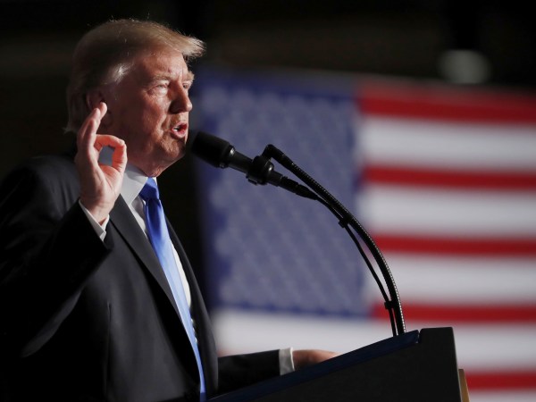 President Donald Trump speaks at Fort Myer in Arlington Va., Monday, Aug. 21, 2017, during a Presidential Address to the Nation about a strategy he believes will best position the U.S. to eventually declare victory in Afghanistan. (AP Photo/Carolyn Kaster)