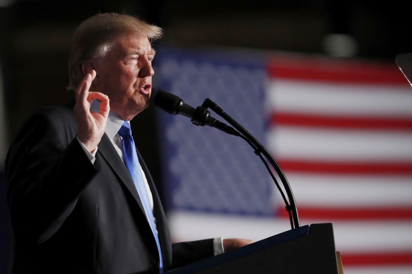 President Donald Trump speaks at Fort Myer in Arlington Va., Monday, Aug. 21, 2017, during a Presidential Address to the Nation about a strategy he believes will best position the U.S. to eventually declare victory in Afghanistan. (AP Photo/Carolyn Kaster)