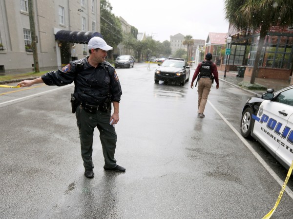 Charleston, S.C. Police Department blocks John St. towards King St. as an active hostage situation is going on in a King St. restaurant in Charleston, S.C.,Thursday, August 24, 2017.(AP Photo/Mic Smith)